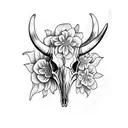 longhorn skull half covered with flowers tattoo design idea