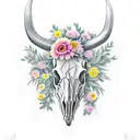 longhorn skull half covered with flowers tattoo design idea