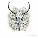 longhorn skull half covered with flowers tattoo design idea