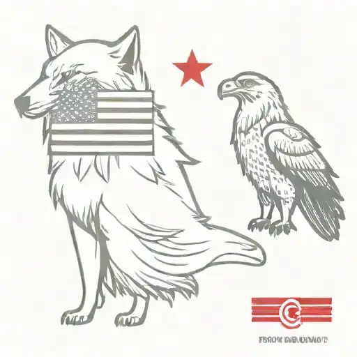 wolf and bald eagle with turkish and american flag  tattoo design idea