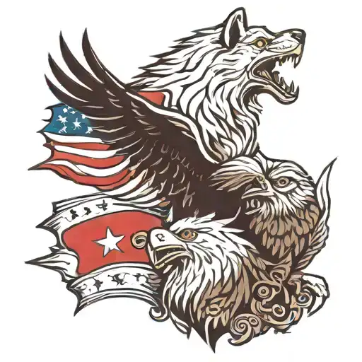 wolf and bald eagle with turkish and american flag  tattoo design idea