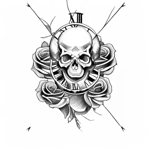 hand skull with dead roses and a broken clock  tattoo design idea