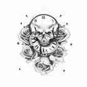 hand skull with dead roses and a broken clock  tattoo design idea