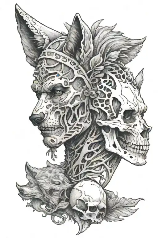 wolf and man skull wearing tattoo design idea