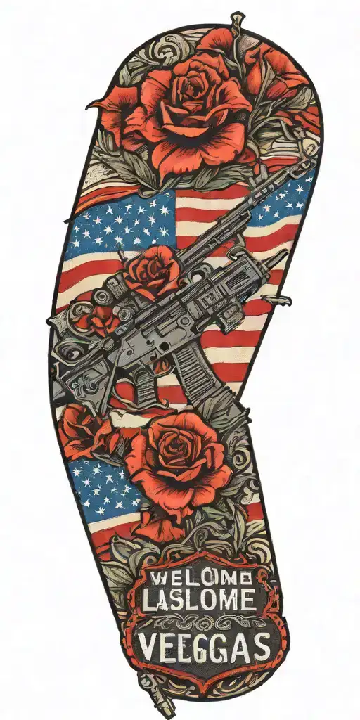 American flag with combat infantry badge and welcome to Las Vegas sign and poppy's  tattoo design idea