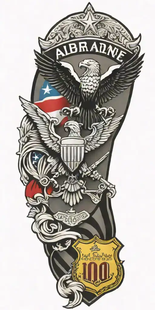 patriotic tattoo depicting the 101st airborne crest and the welcome to Las Vegas sign with the combat infantry badge  tattoo design idea