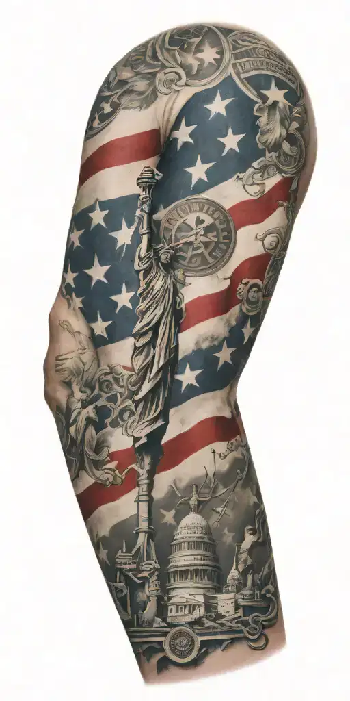 patriotic sleeve tattoo depicting tattoo design idea
