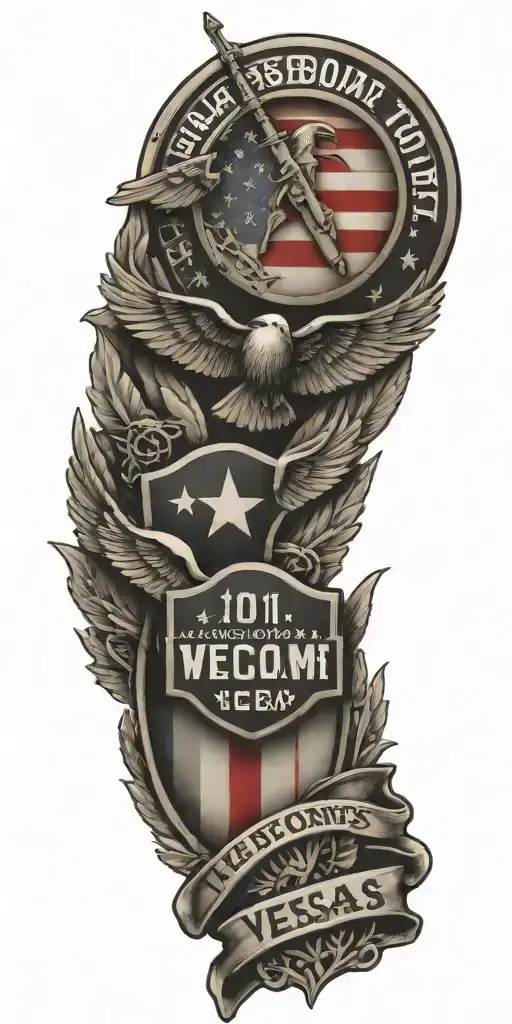 patriotic tattoo depicting the 101st airborne crest and the welcome to Las Vegas sign with the combat infantry badge  tattoo design idea