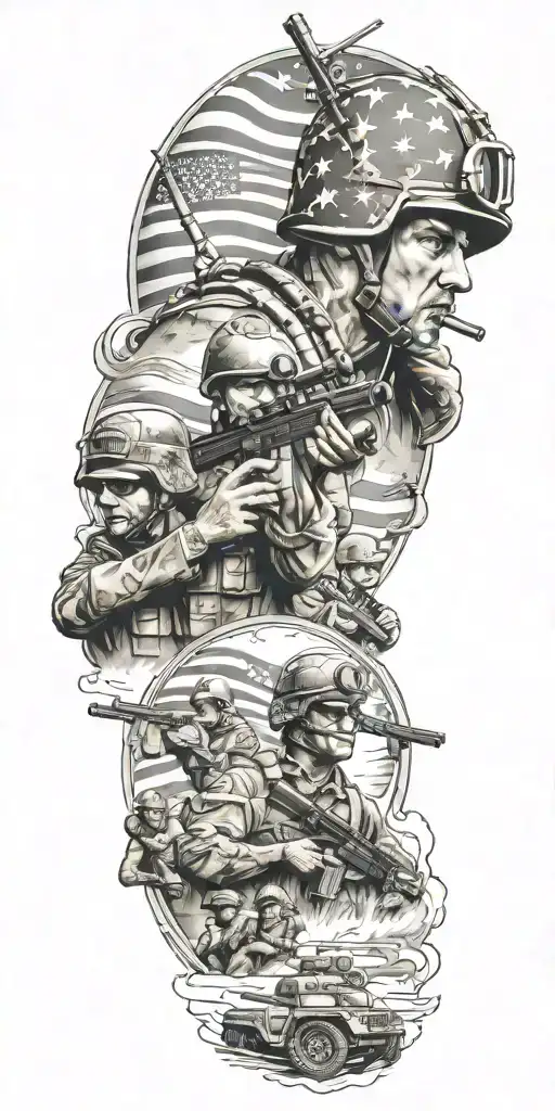 patriotic tattoo depicting soldiers and the quote "when a man has hunted armed men long enough and liked it, he will car tattoo design idea