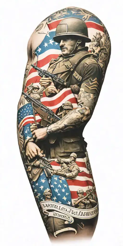 patriotic sleeve tattoo depicting soldiers and the quote "when a man has hunted armed men long enough and liked it, he w tattoo design idea