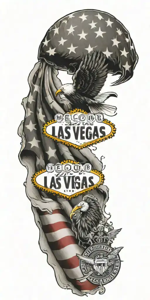 patriotic tattoo depicting the 101st airborne crest and the welcome to Las Vegas sign  tattoo design idea