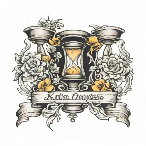 hourglass tattoo with banners with the names of Kate, Brandon and Jayden tattoo design idea