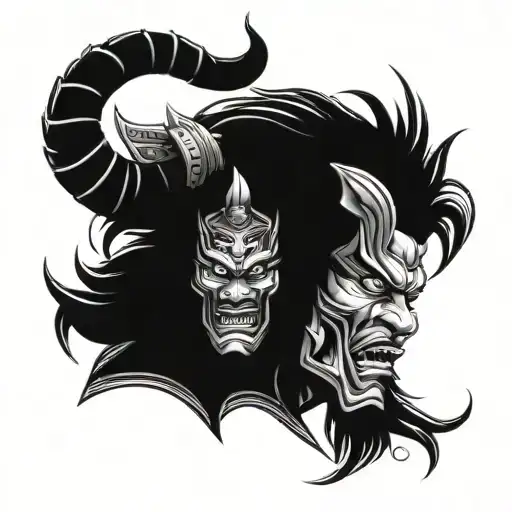 Detailed Oni Mask on Samurai Warrior that has lion like features, Face Portrait, detailed  tattoo design idea