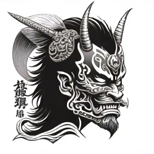 Oni Mask on Samurai with samurai helmet, with Lion Mane, detailed in black and white shadowing,  tattoo design idea