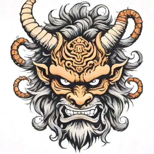 Oni Mask on Samurai, with Lion Mane, detailed in shadowing,  tattoo design idea