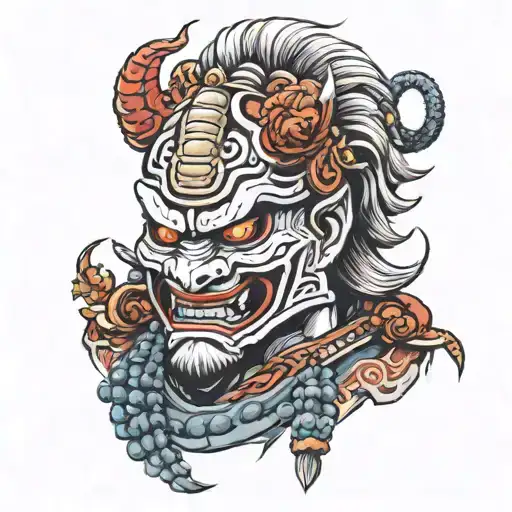 Oni Mask on Samurai with samurai helmet, with Lion Mane, detailed in shadowing,  tattoo design idea