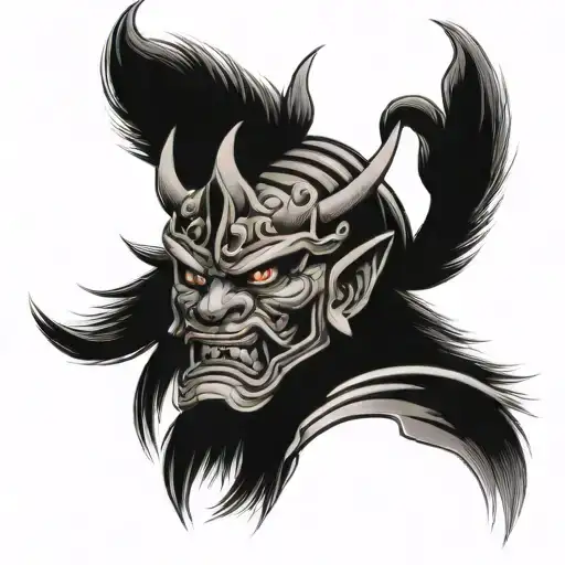 Oni Mask on Samurai who is wearinga  traditional samurai helmet, with Lion Mane, detailed in black and white shadowing,  tattoo design idea