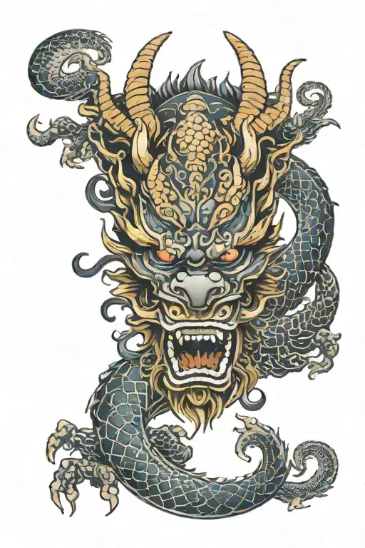 dragon , oni mask surrounded tattoo design idea