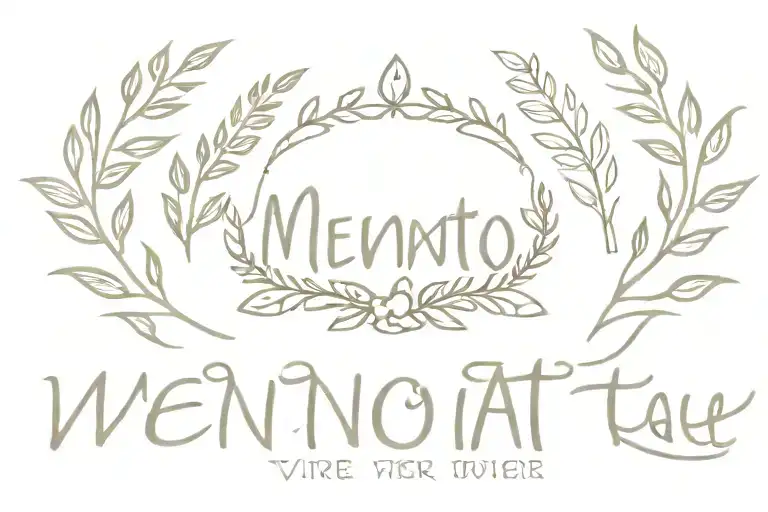 memento vivere word and amor fati word combined with open laurel wreath crown tattoo design idea
