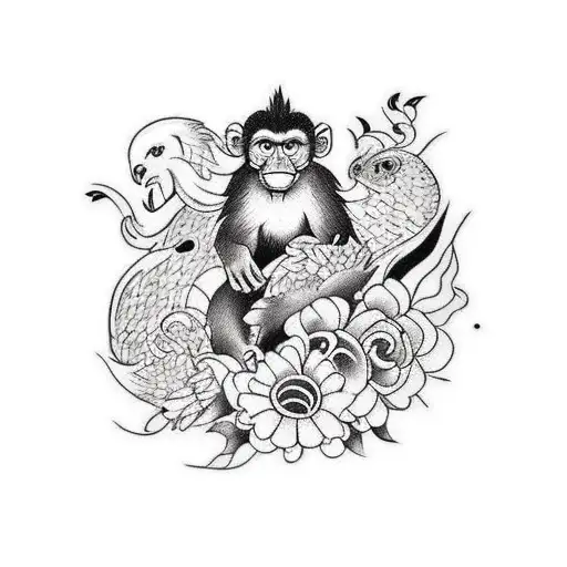 small artistic tattoo with the presence of 3 types of animals: monkeys, horses and chickens adorned with flowers tattoo design idea