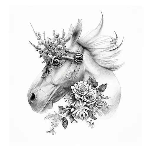 combination of 3 types of animals: monkeys, horses and chickens adorned with flowers and branches symbolizing glory tattoo design idea