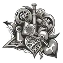 An abstract design combining elements of love and self-employment, such as hearts and tools, in black-grey style tattoo design idea