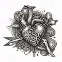 An abstract design combining elements of love and self-employment, such as hearts and tools, in black-grey style tattoo design idea