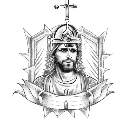 A dotwork tattoo of San Judas Tadeo holding a wrench and surrounded by car parts tattoo design idea
