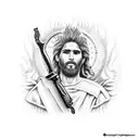 A dotwork tattoo of San Judas Tadeo holding a wrench and surrounded by car parts tattoo design idea