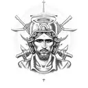 A dotwork tattoo of San Judas Tadeo holding a wrench and surrounded by car parts tattoo design idea