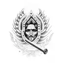 A dotwork tattoo of San Judas Tadeo holding a wrench and surrounded by car parts tattoo design idea