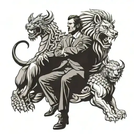 A businessman with a lion and dragon as his guardians tattoo design idea