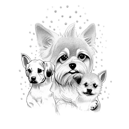 A dog breeder surrounded by a pack of dogs in a forest tattoo design idea