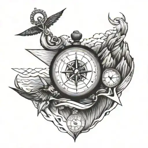 Compass pocket watch anchor swallow and mountains tattoo design idea