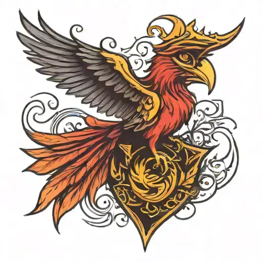 Fawkes Phoenix from Harry Potter. Carrying the sorting hat with the hilt of a sword popping out. Wings across shoulders tattoo design idea