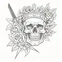 A surreal composition featuring a skull wearing a crown of flowers and holding barber scissors and a comb tattoo design idea