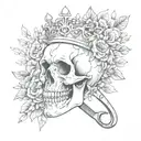 A surreal composition featuring a skull wearing a crown of flowers and holding barber scissors and a comb tattoo design idea