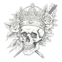 A surreal composition featuring a skull wearing a crown of flowers and holding barber scissors and a comb tattoo design idea