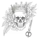 A surreal composition featuring a skull wearing a crown of flowers and holding barber scissors and a comb tattoo design idea
