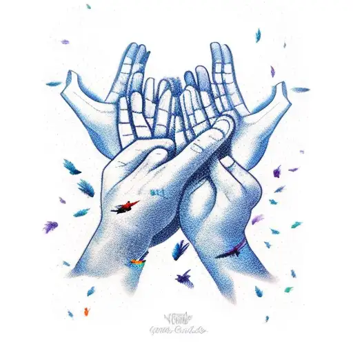 A pair of hands releasing a flock of birds with the message 'Me cuidas desde el cielo' written on their wings tattoo design idea