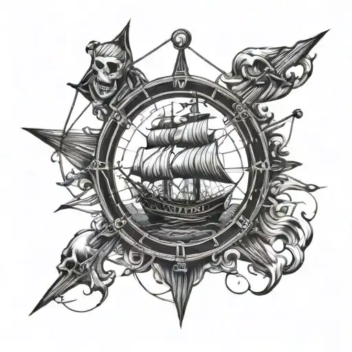 pirat skull wheel ship sail boat tattoo design idea