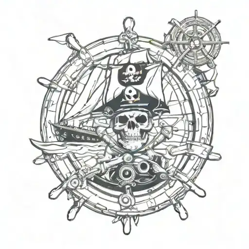 pirat skull wheel ship sail boat tattoo design idea