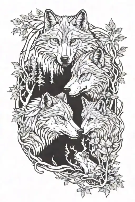 wolf protecting cubs hidden in forest tattoo design idea