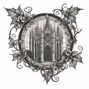 circle gothic cathedral window broken down and surrounded by vines tattoo design idea