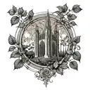 circle gothic cathedral window broken down and surrounded by vines tattoo design idea