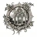 circle gothic cathedral window broken down and surrounded by vines tattoo design idea