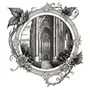circle gothic cathedral window broken down and surrounded by vines tattoo design idea