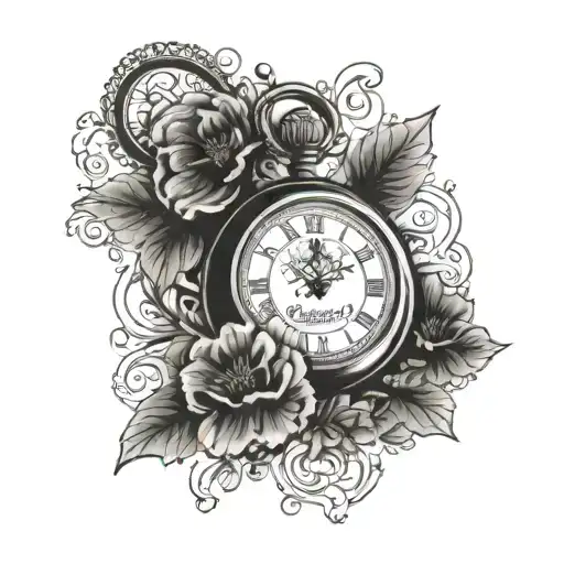 A vintage pocket watch with the date of your birth incorporated into the design, surrounded by delicate lace details tattoo design idea