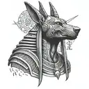 Anubis in a realistic style  facing forward looking at us with hieroglyphics as the background tattoo design idea