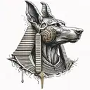 Anubis in a realistic style  facing forward looking at us with hieroglyphics as the background tattoo design idea